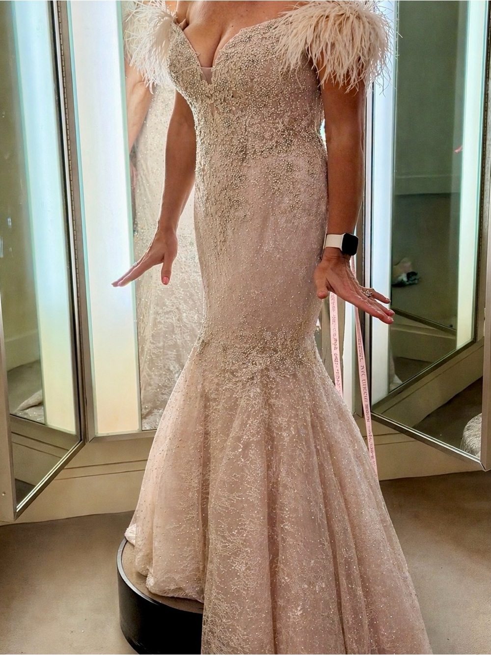 Mac Duggal Embellished Feather Trim Evening Gown - Blush - Picture 2 of 10